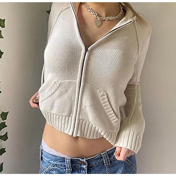 Zip Up Crop Hooded Y2k Ribbed Knit Drawstring Jacket With Pockets White Large - Picture 2 of 2